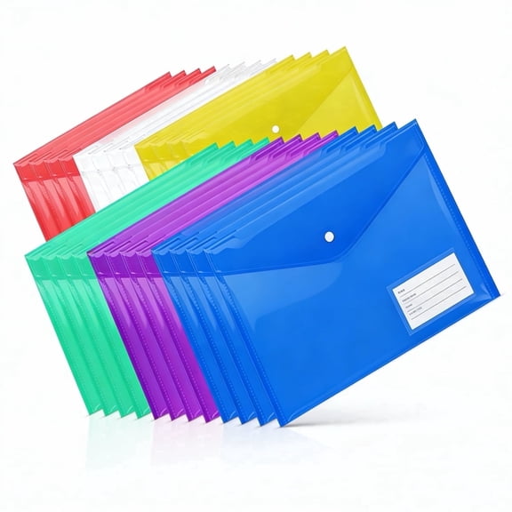 Plastic Envelopes 24 Pack, Plastic Folders for Documents with Label Pocket and Snap Button, A4/Letter Size, 6 Colors, School, Office Storage