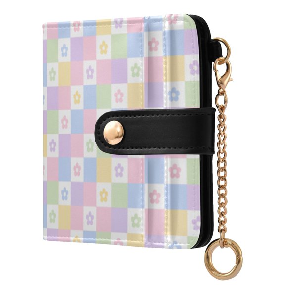 Womens Wallet PU Leather Bifold Small Purse with RFID Blocking Credit Card Holder Checkerboard and Floral Patterns