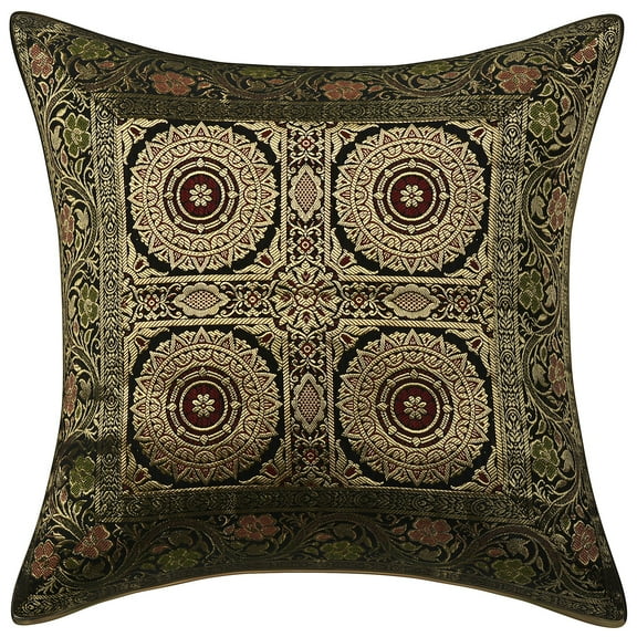 Stylo Culture Indian Chair Seat Throw Pillow Cover 16 x 16 Jacquard Black Square 40x40 cm Home Decor Brocade Floral Mandala Zippered Cushion Cover | 1 Pc