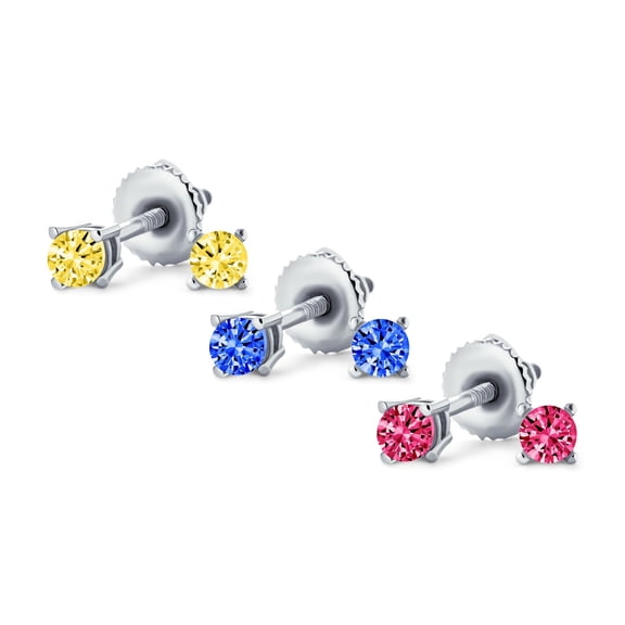 Bling Jewelry Womens Set of 3 Tiny Pink Blue Yellow CZ Stud Earrings Sterling Silver Screw Back