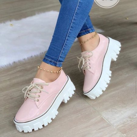 

Round Toe Solid Color Lace Up Casual Sneakers Thick Soled Platform Non-slip PU Leather Sneakers Women‘s Footwear