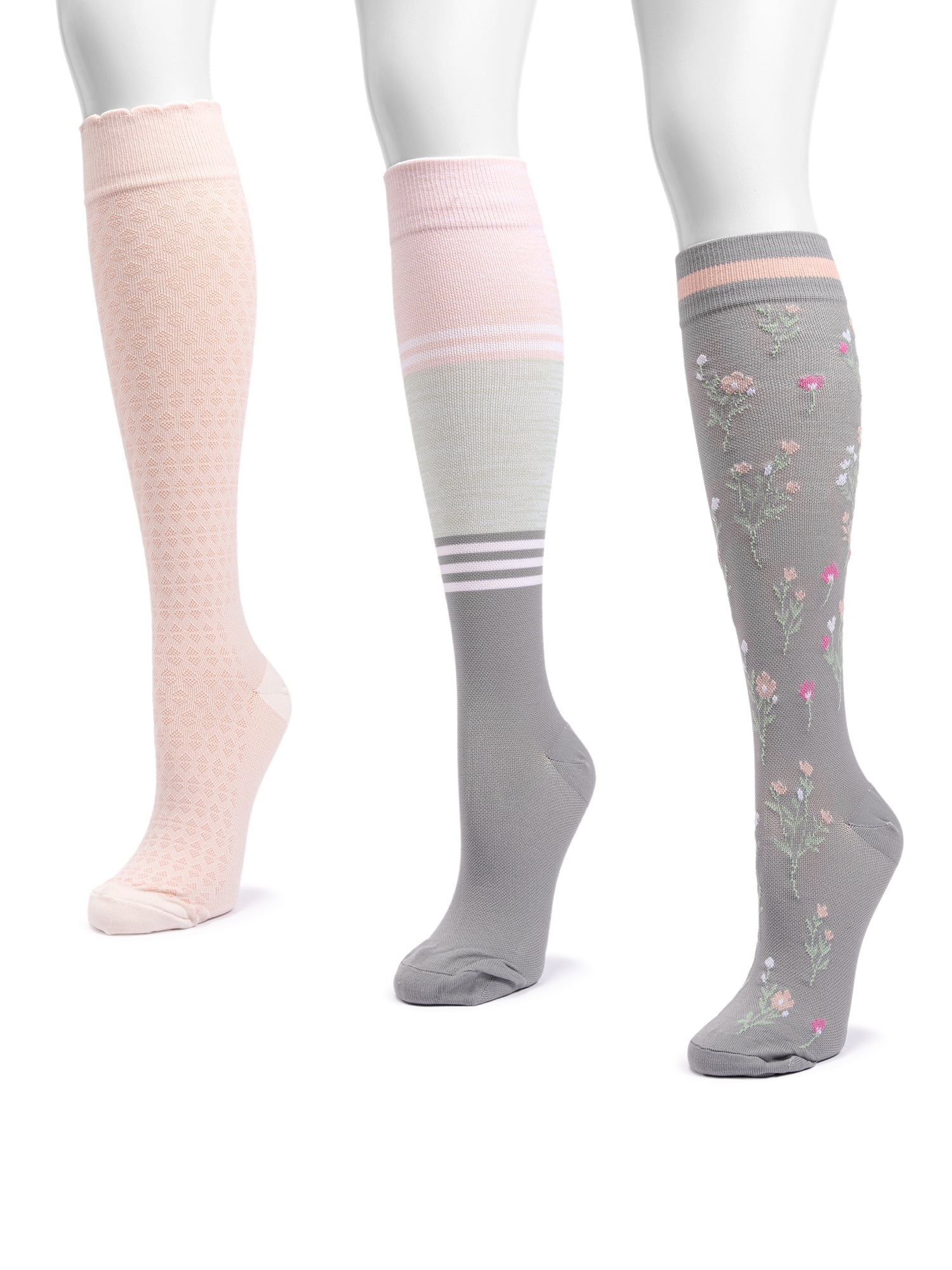 MUK LUKS Women's Wide Width Compression Nylon Knee-High Socks, 3-Pack, Shoe Size 6-10