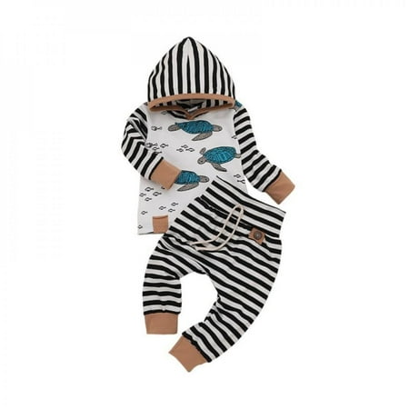 

Jandel Newborn Infant Baby Turtle Print Clothing Set Stripe Outfit Hooded Long Sleeve Top+Pants 2PCS Toddler Boys Clothes