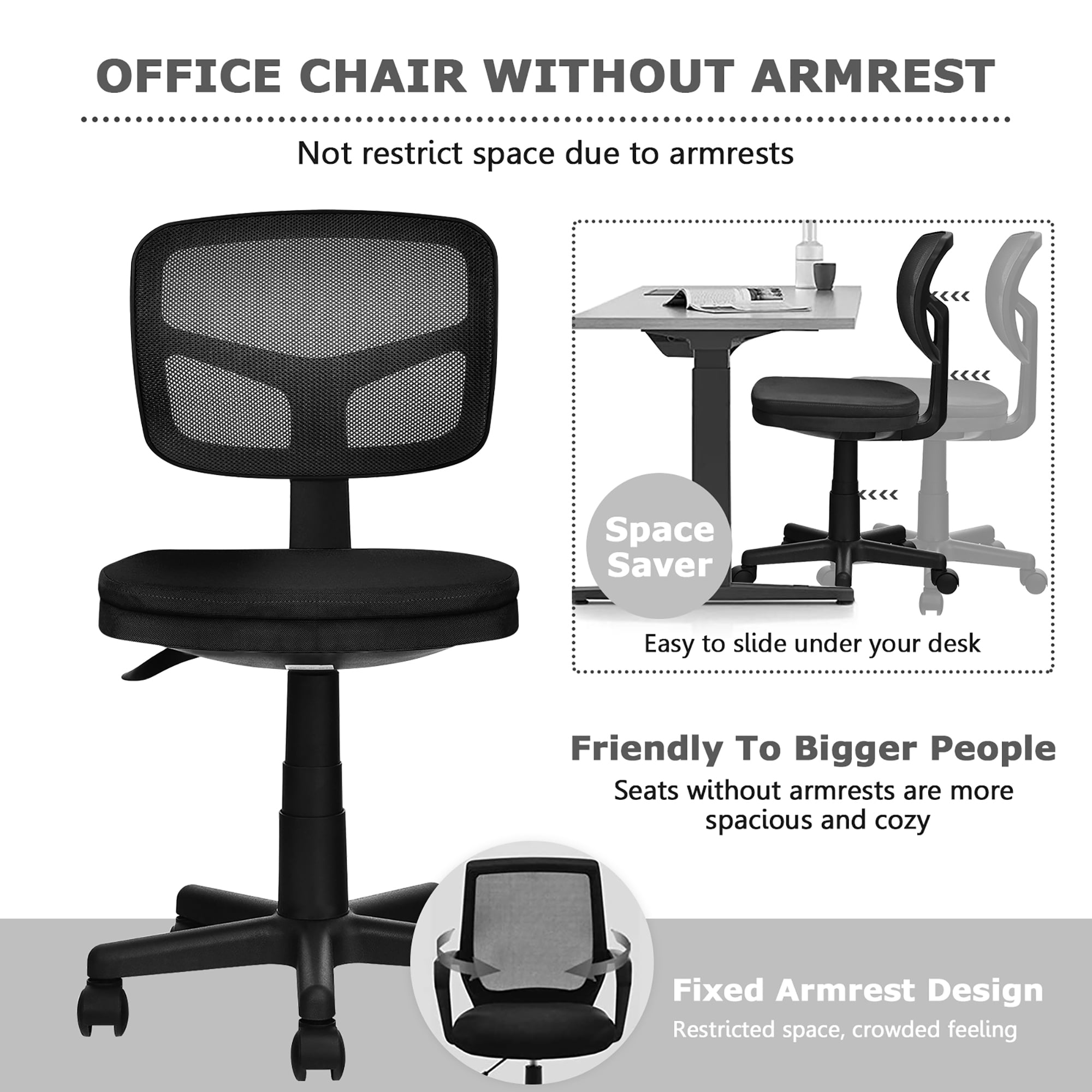 Costway Armless Office Chair Adjustable Swivel Computer Mesh Desk Chair Black