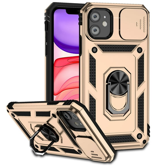 iPhone 11 Case,Dteck Shockproof Rubber Rugged Case Hybrid Hard Ring Holder Kickstand Slide Camera Lens Protector Cover for Apple iPhone 11,Gold