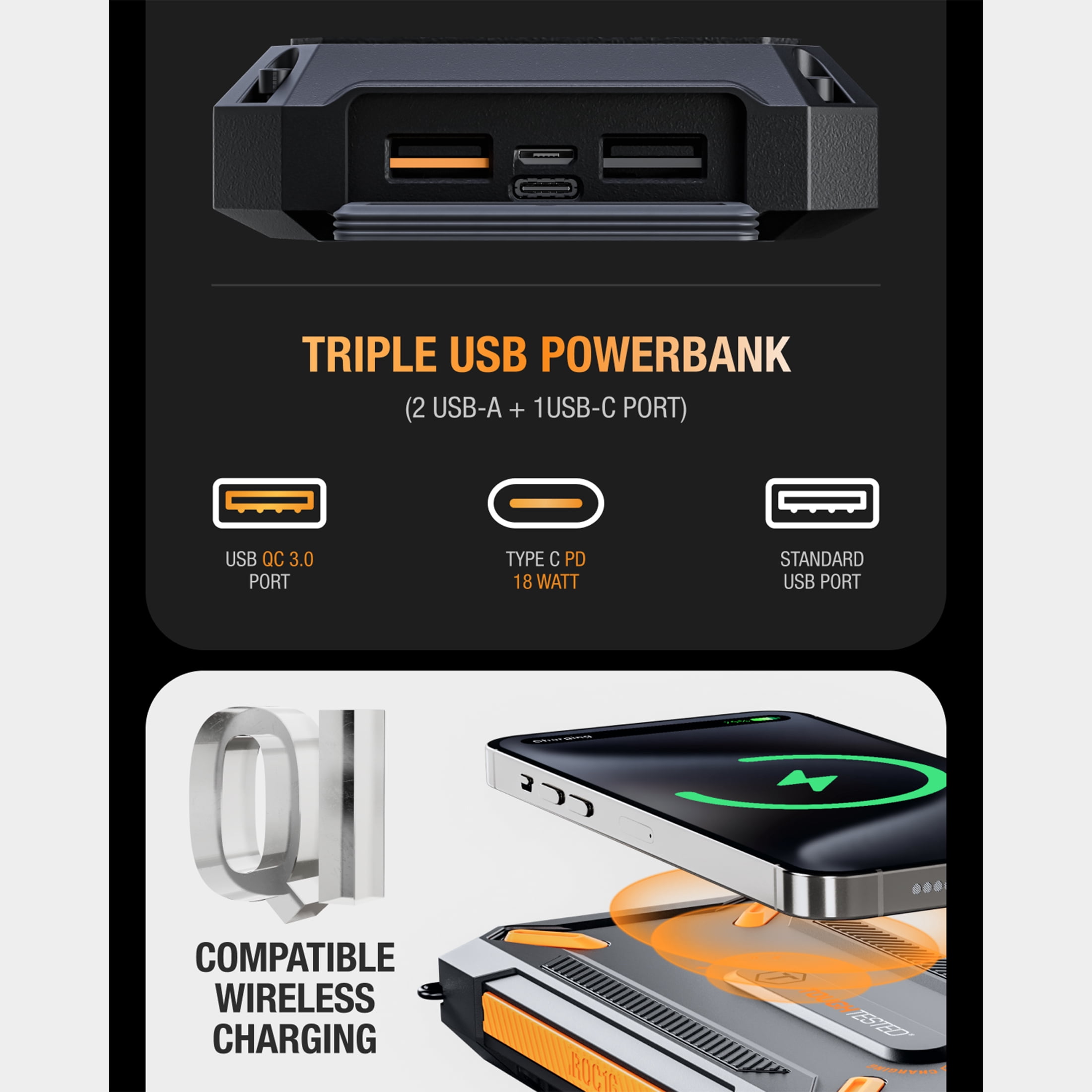 ToughTested ROC16 16,000mAh Solar Power Bank, Wireless Charging, USB-C PD, Rugged Waterproof Charger