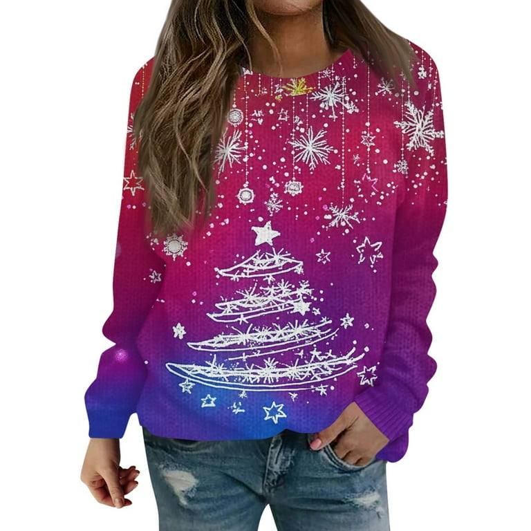 YDKZYMD Women s Petite Christmas Sweaters Knitted Xmas Christmas Tree Snowflake Pullover Tops Crewneck Long Sleeve Holiday Soft Shirts Sweater Purple
