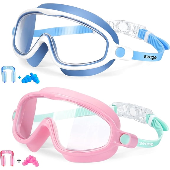 2pcs Swim Goggles with Nose Cover , Anti-Fog No Leaking UV Protection Watertight Goggles for Youth