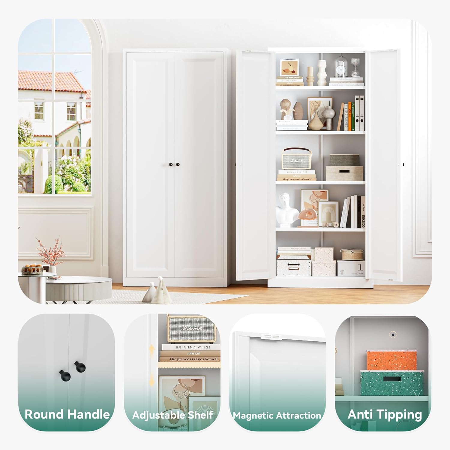 SOLAURA 63" H Modern Metal Kitchen Pantry Cabinet, Pantry Storage Cabinets with 4 Adjustable Shelves for Kitchen, Living Room, Bedroom, Dining Room, Home(White)