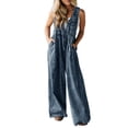 thumbnail image 3 of Umfun Women's Vintage Wash Sleeveless Denim Jumpsuit with Drawstring Waist - Loose Fit Wide Leg Overalls for Beach Holiday & Daily Outings, 3 of 9