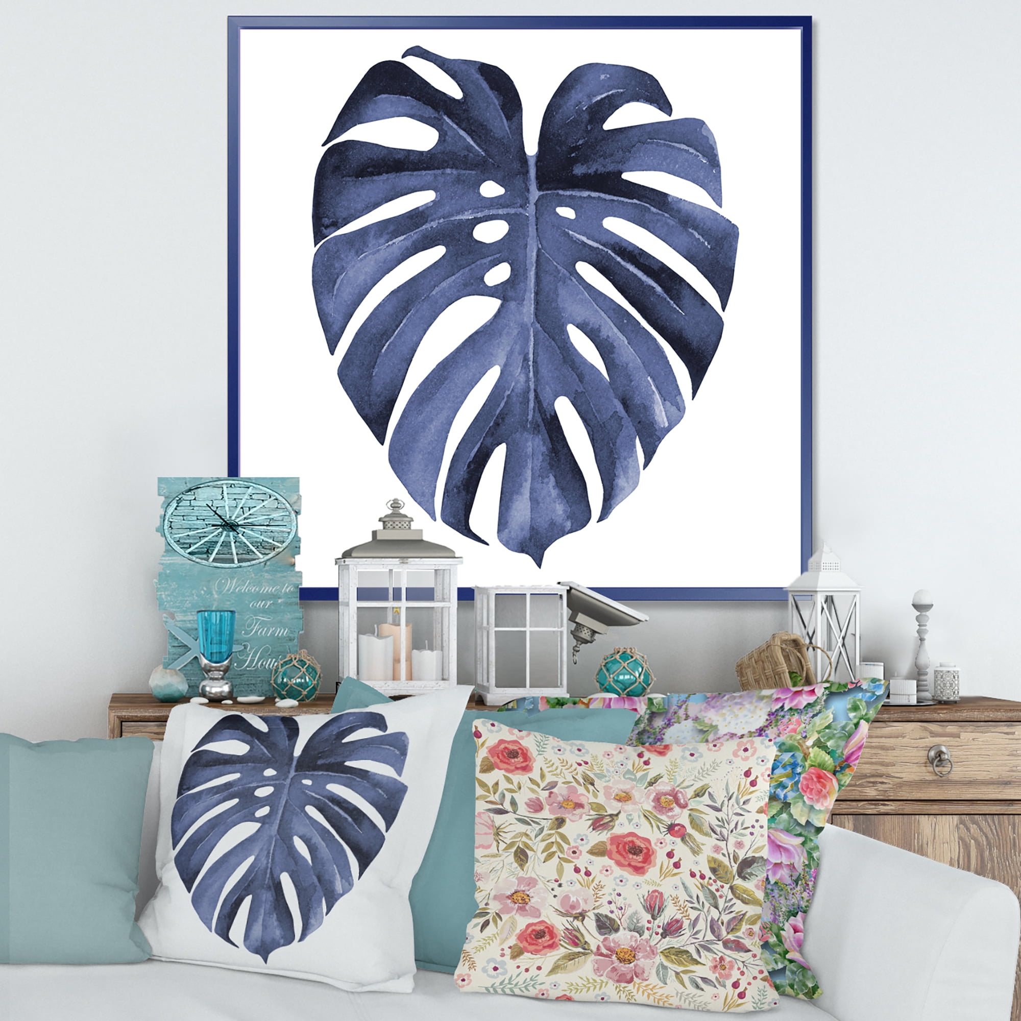 Designart 'Blue Watercolour Tropical Leaves III' Traditional Framed Canvas Wall Art Print