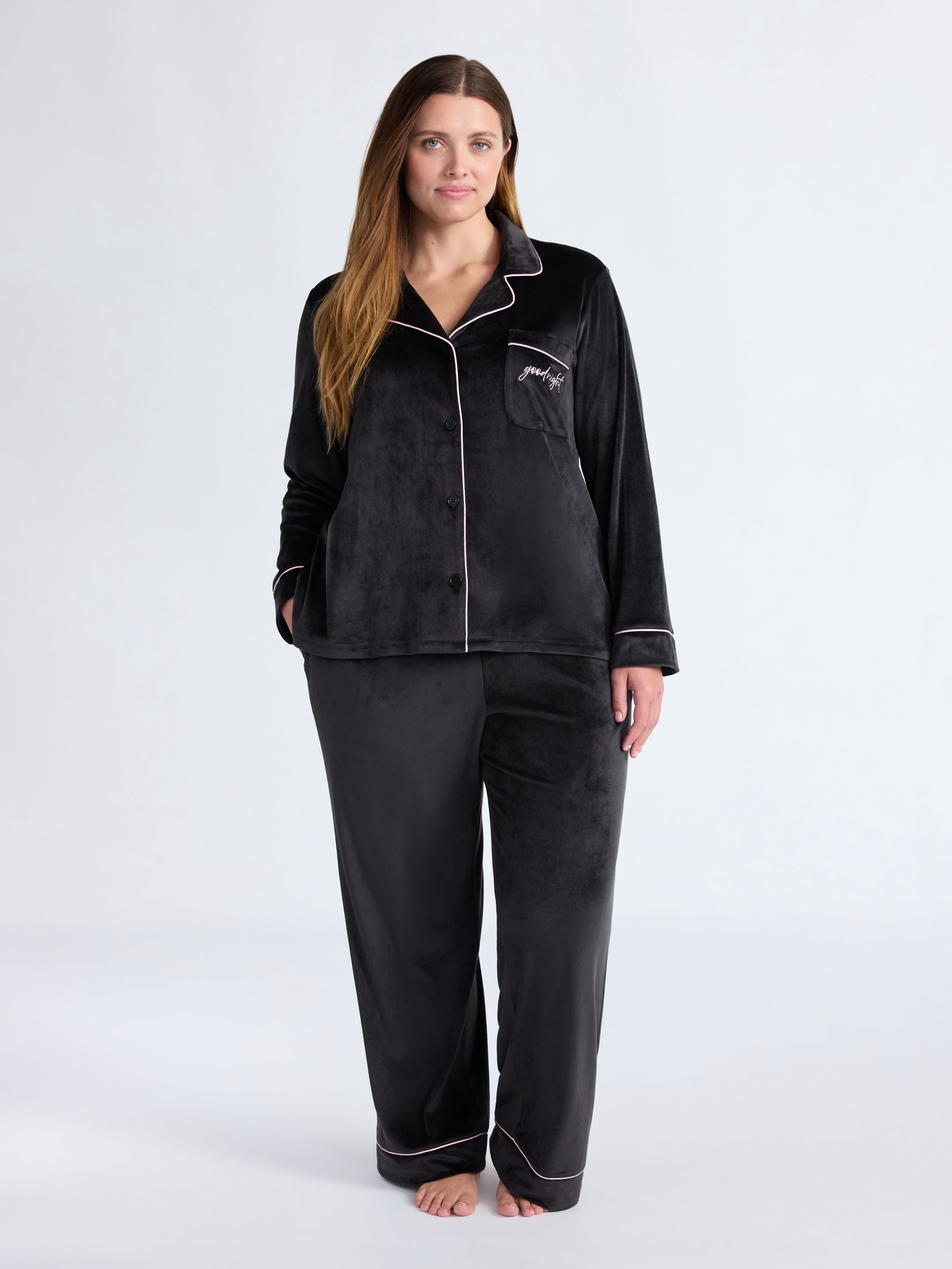 Joyspun Women’s Stretch Velour Notch Collar Long Sleeve Pajama Set, Sizes XS to 4X