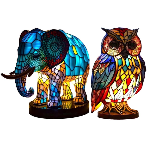 Lámpara de vidrieras 2 uds lámpara de vitral única elefante búho vidriera luz de noche portátil