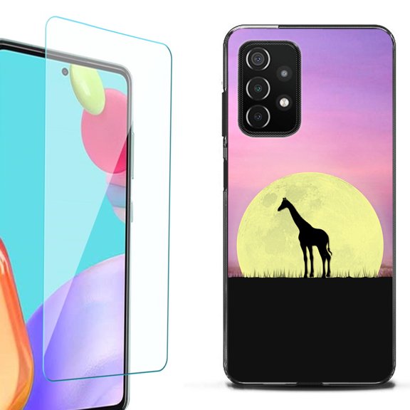 Slim-Fit Flexible TPU Gel Phone Case (black) for Samsung Galaxy A52 5G, with Tempered Glass Screen Protector, by OneToughShield ® - Moonlight Giraffe