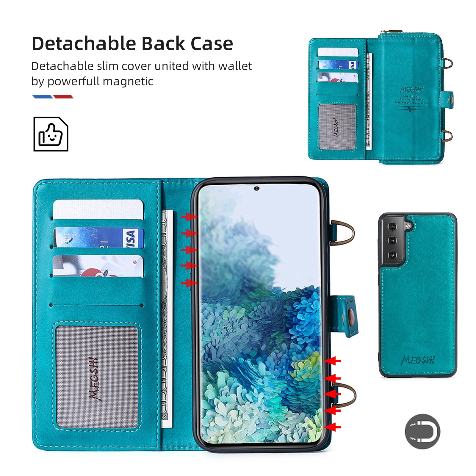 Galaxy S22 Wallet Case Premium Leather Flip Zipper Detachable Magnet Wallet Stand Card Holder Case with Crossbody Lanyard Strap Zipper Pocket Cover for Samsung Galaxy S22 6.1 inch 2022,Blue
