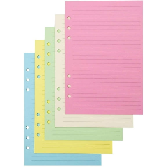 Colorful 6-Hole Ruled Refills Inserts for A5 Size Organizer Binder, 5-Color Loose Leaf Planner Filler Paper, 50Sheets/100 Pages, Lined(8.27" x 5.59")