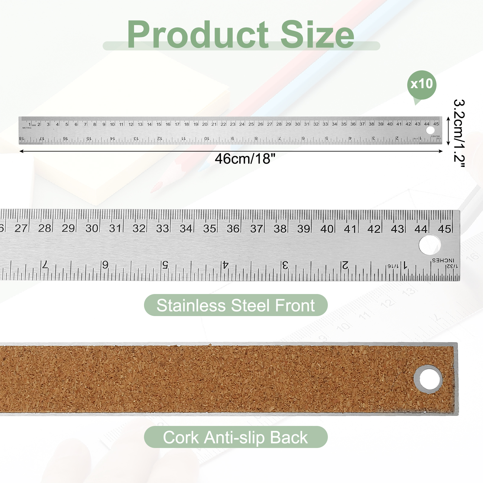 Stainless Steel Ruler Cork Backed, 10Pcs 18 Inch Straight Edge Ruler Non-Slip Cork Backing with Inch and Centimeter Scale for Office Engineering Drawing