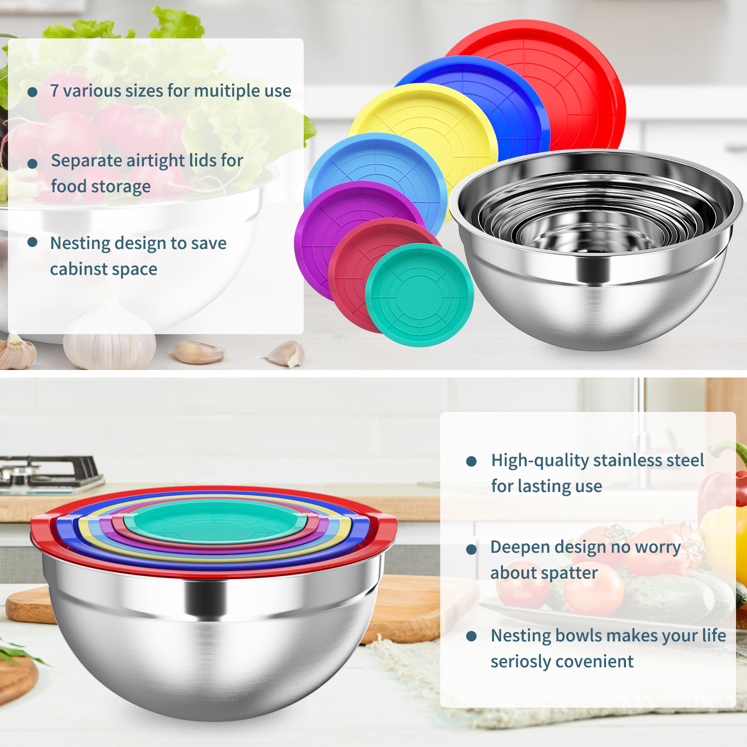 TINANA Mixing Bowls with Lids: Stainless Steel Mixing Bowls Set - 7PCS Metal Nesting Mixing Bowls for Kitchen, Size 7, 4.5, 3, 2, 1.5, 1, 0.7 QT, Great for Prep, Baking, Serving-Multi-Color - image 2 of 7
