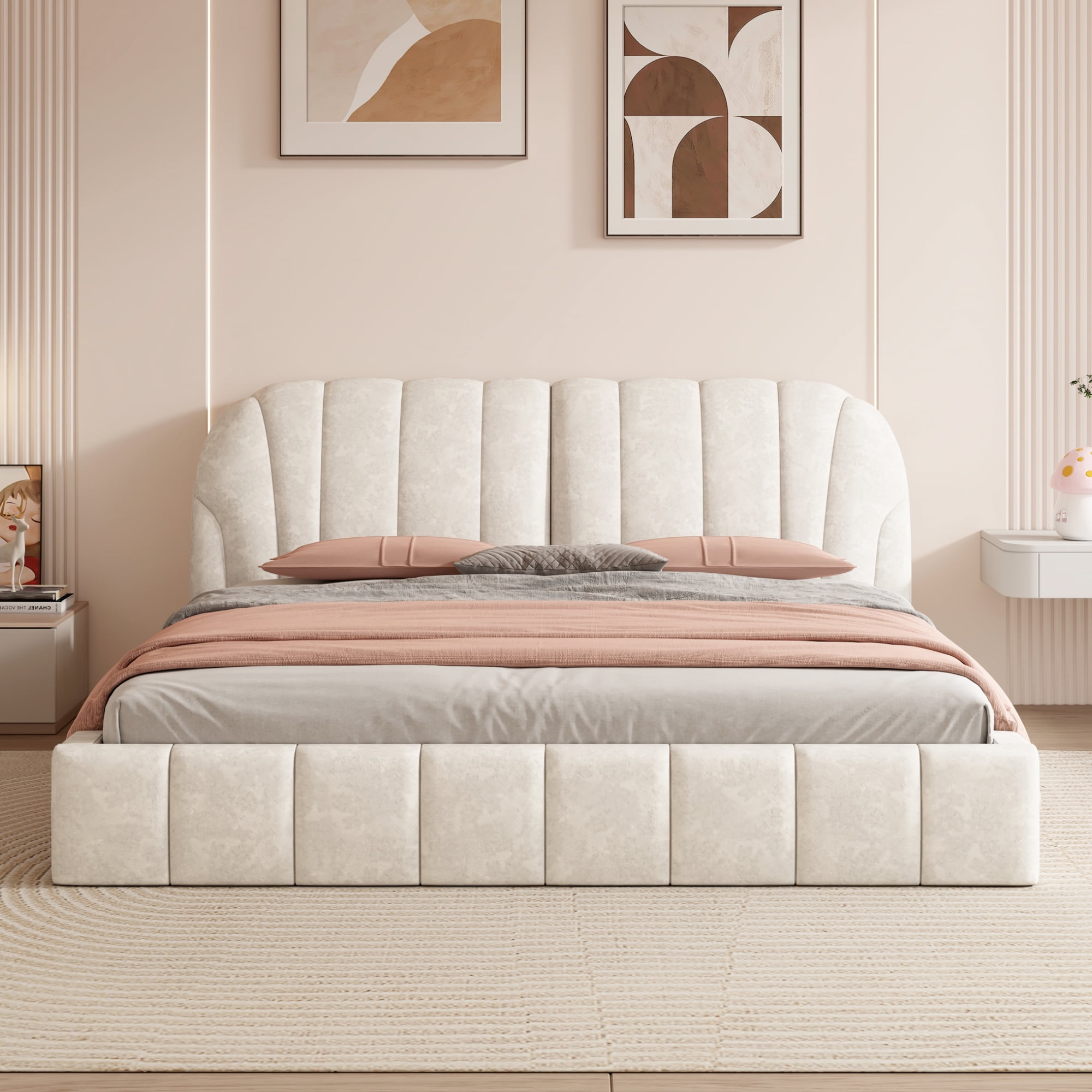Euroco Upholstered Queen Size Platform Bed for Kids and Adults, Beige