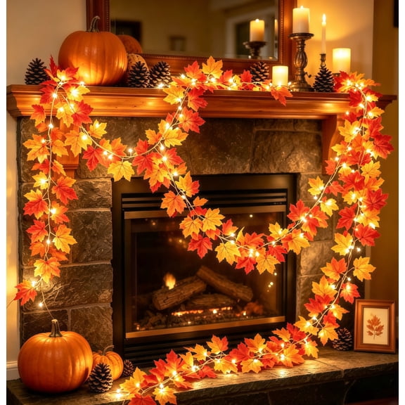 Scidweet Fall Garland with Lights, 9 FT 50 LED Fake Autumn Maple Leaves Garland Fall Decorations for Home Indoor Outdoor Party Fireplace Table Porch Table Thanksgiving Decor
