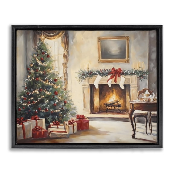 Stupell Industries Traditional Vintage Christmas Tree Hearth Black Floating Frame Canvas Art, 21 x 17, by Arlington Prints
