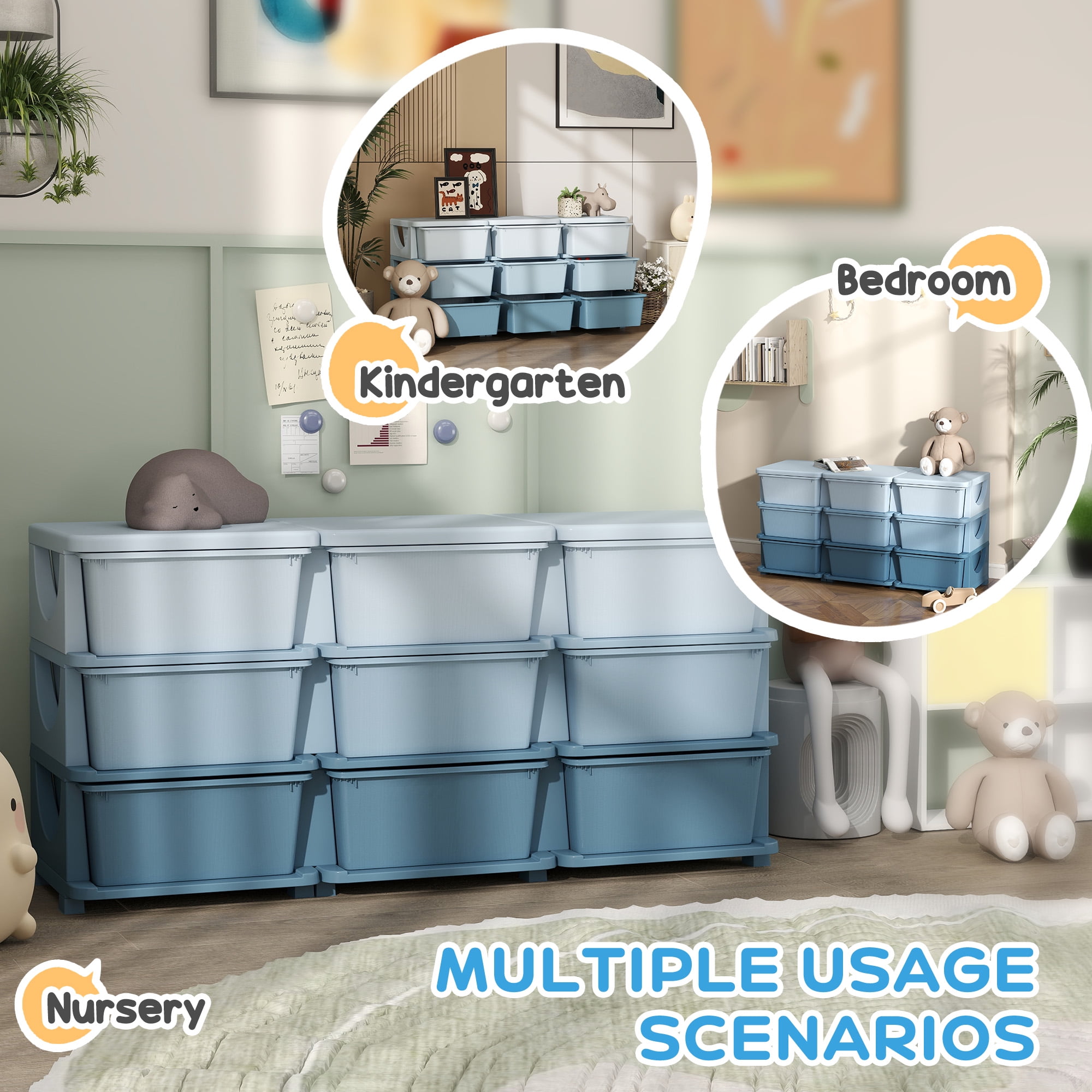 Blue 3-Tier Kids Storage Unit - 9-Drawer Toy Organizer with Removable Bins for Nursery & Playroom Five