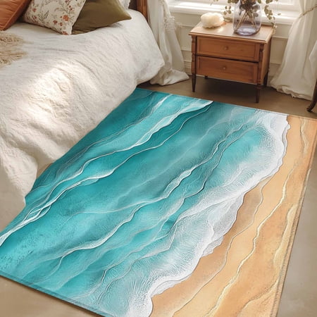 Area Rug 48&times;72in Gradient Turquoise Ocean Waves Floor Carpet Living Room Rug Summer Beach Coastal Non-Slip Welcome Mat Indoor Rugs for Bedroom Dining Room