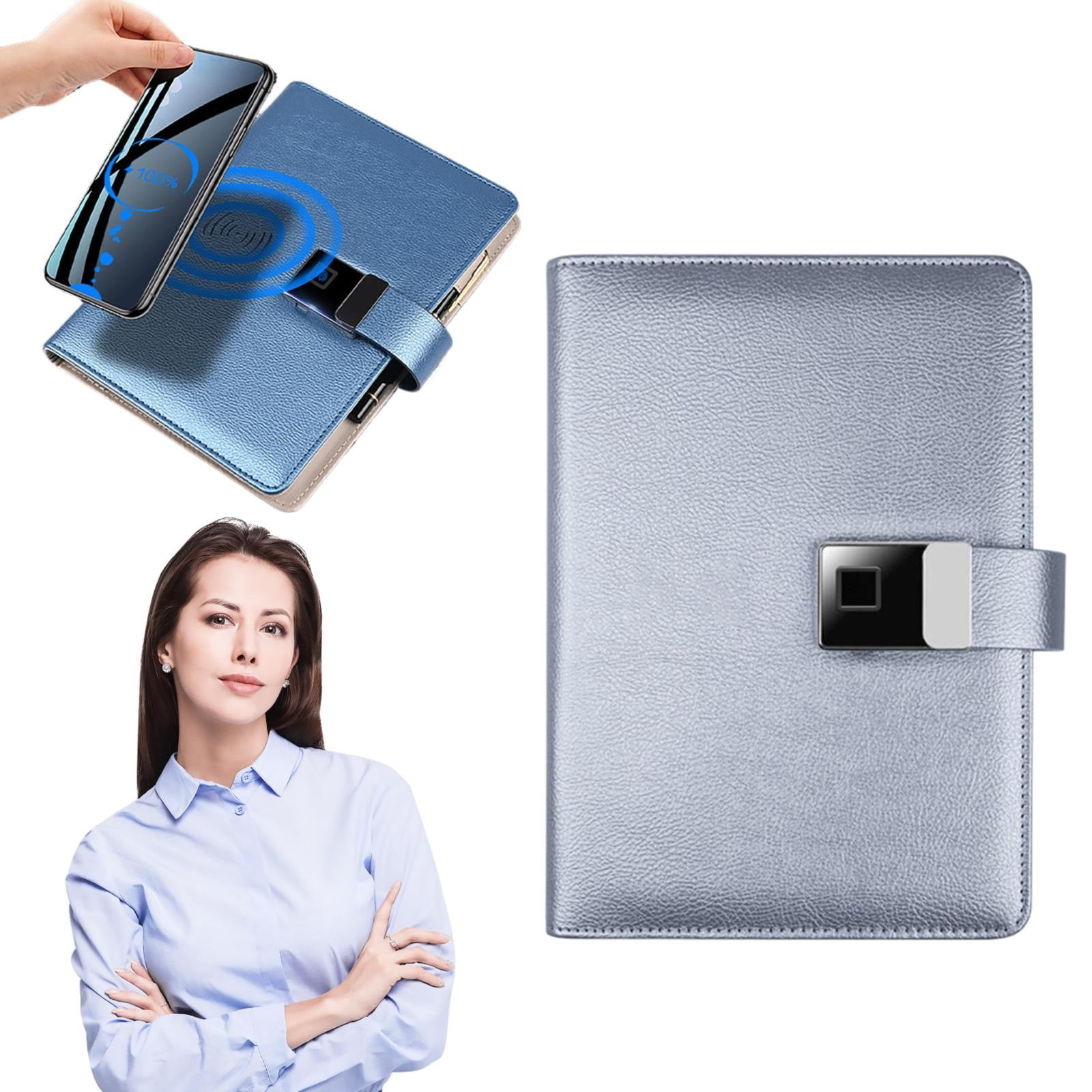 Pedty Leather Notebook with Fingerprint Lock Moonlight Silver,Intelligent Fingerprint Unlocking Notebook Mobile Wireless Charging Student Notebook A5 Loose Business Notebook,