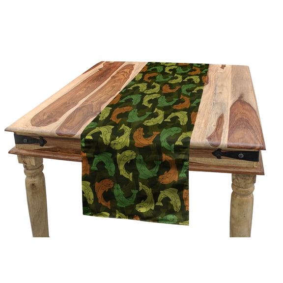 Nautical Table Runner, Illustration of Japanese Style Fish Silhouettes Camouflage Tones, Dining Room Kitchen Rectangular Runner, 3 Sizes, by Ambesonne