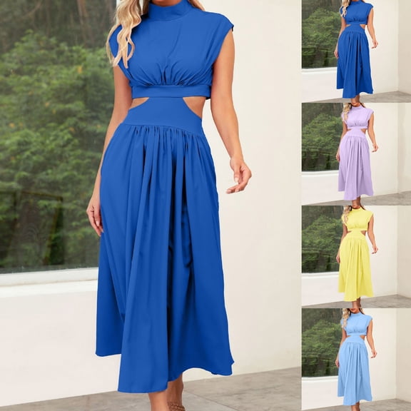 YuXingFu Polyester Dresses for Women Maxi Crew Neck Plus Size Womens Dress Sleeveless for Beach Long Casual Summer Yellow S