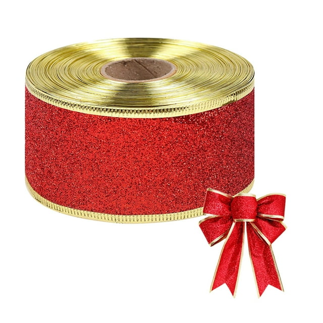yulier Christmas Glitter Wired Ribbon 2 Inch x 11 Yards Xmas Ribbon Wired for Gift Wrapping, Wreath, Swags, Bows, Christmas Tree Decoration, Red