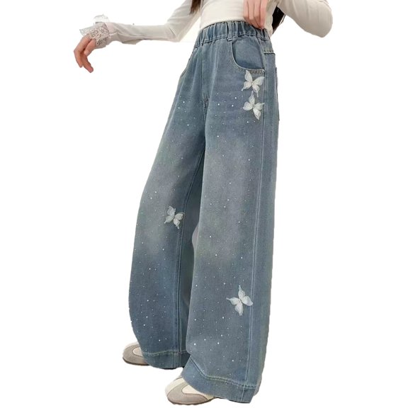 Hiijoy Girls Rhinestone Jeans Butterfly Graphic Denim Pants Casual Lightweight Trousers