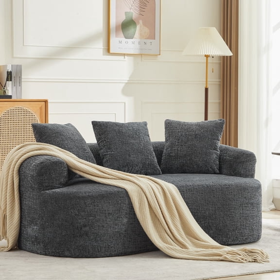 Curved Loveseat Sofa Chenille Upholstered Deep Seat 2 Seater Couch with 3 Pillows No Assembly Required for Apartment Living Room Bedroom, Grey