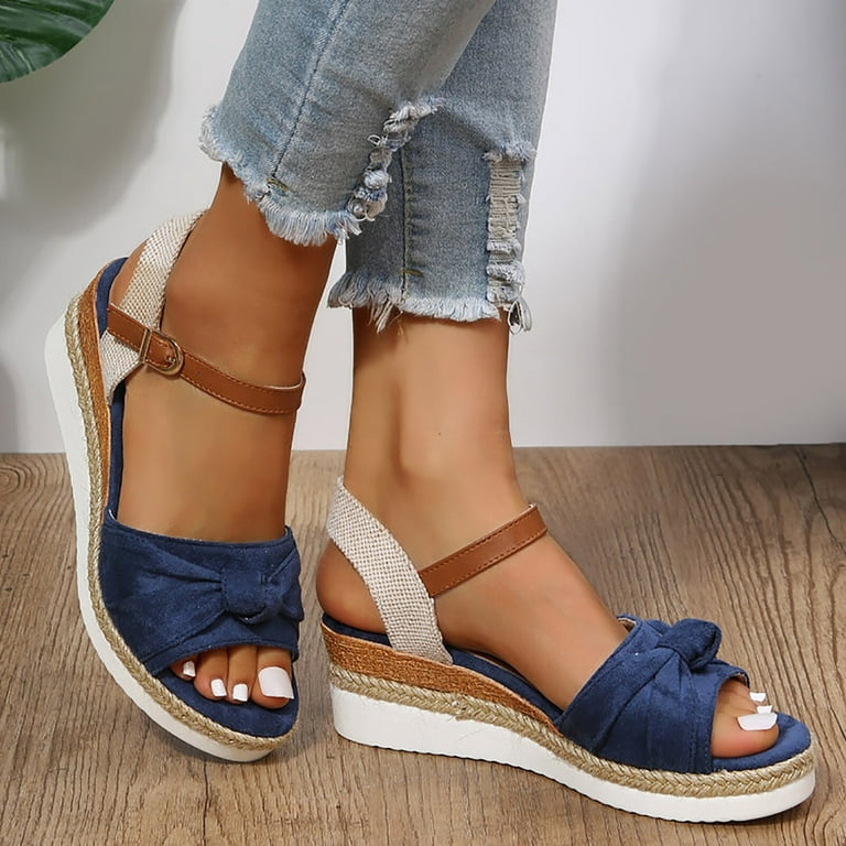 Slope heel Sandals for Women Color Block Knot Detail Espadrille Ankle Strap Wedge Sandals for Women Casual Open Toe Sandals Roman Platform Sandals Blue Walmart