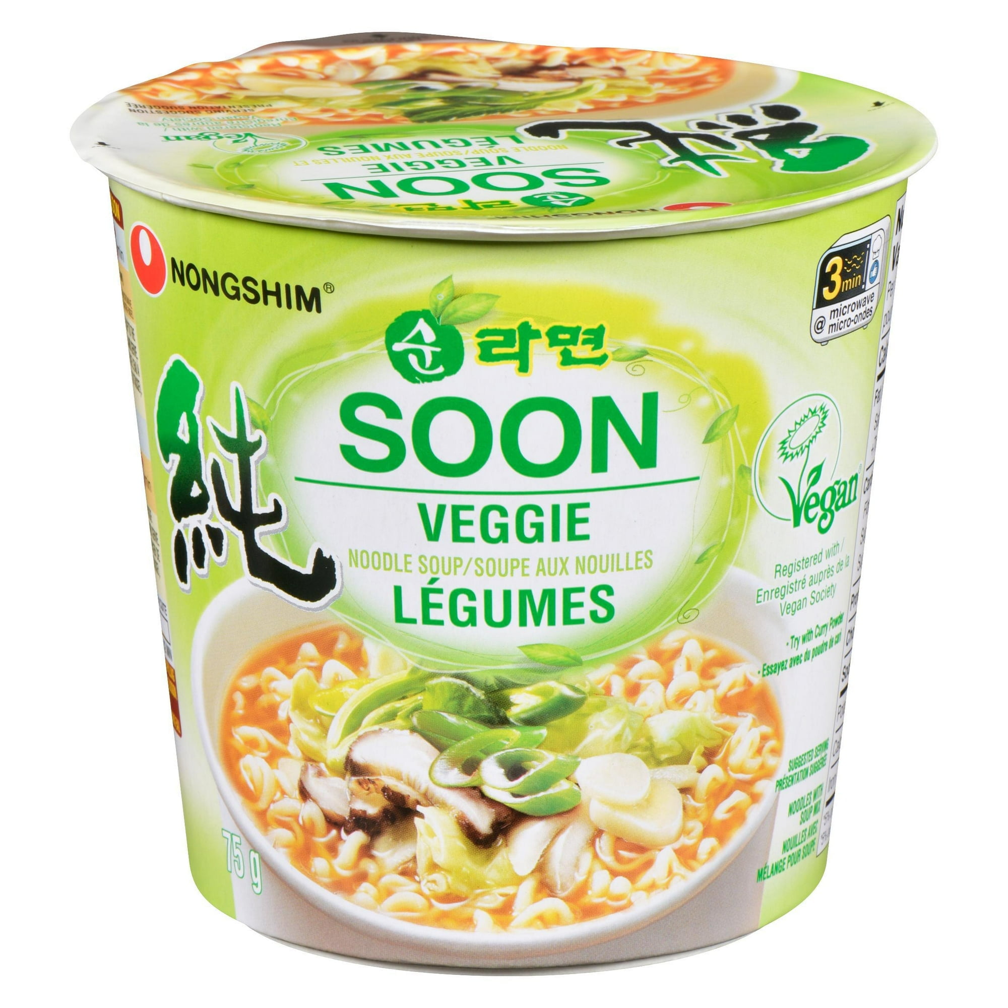 Soupe de nouilles végétalienne Soon en tasse de Nongshim 75g, Végétalienne, Micro-ondable