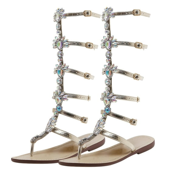 HOOWIFFY 1Pair Golden Roman Female Sandal Flat Sole Easy to Wear Adjustable Buckle