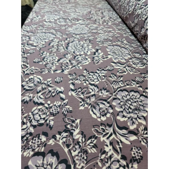 Rayon Challis Fabric By The Yard Dark Mauve Background Gray Floral Flowers Dress