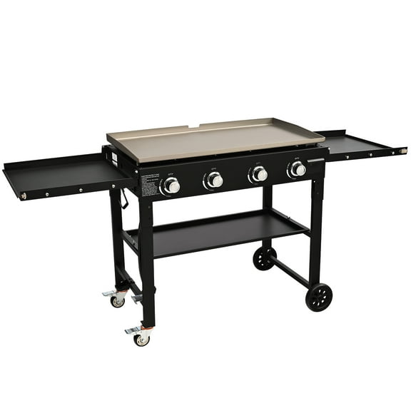 KFFKFF 4-Burner Propane Gas Grill, 36" Large Baking Pan Countertop Commercial Gas Griddle Flat Top Grill Hot Plate Restaurant Cart Folding Grill 60,000 BTU