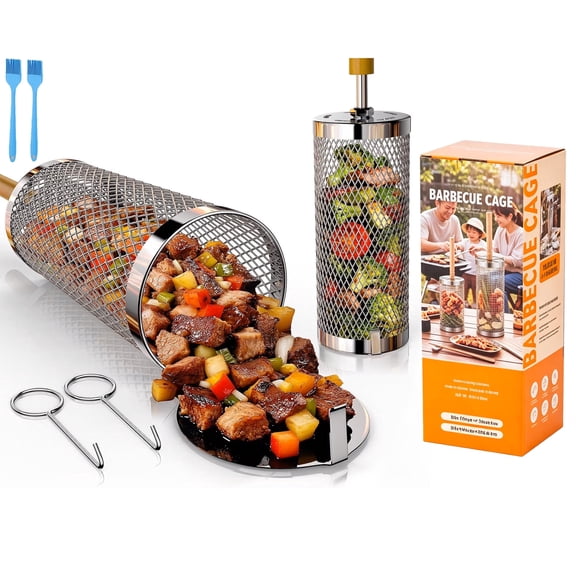 Rolling Grill Basket 2-Pack,304 Stainless Steel Grill Basket with Removable Wooden Handle,BBQ Tool & Smoker Accessory for Veg & Shrimp,Ideal for Outdoor Cooking,Camping & Gifts for Men