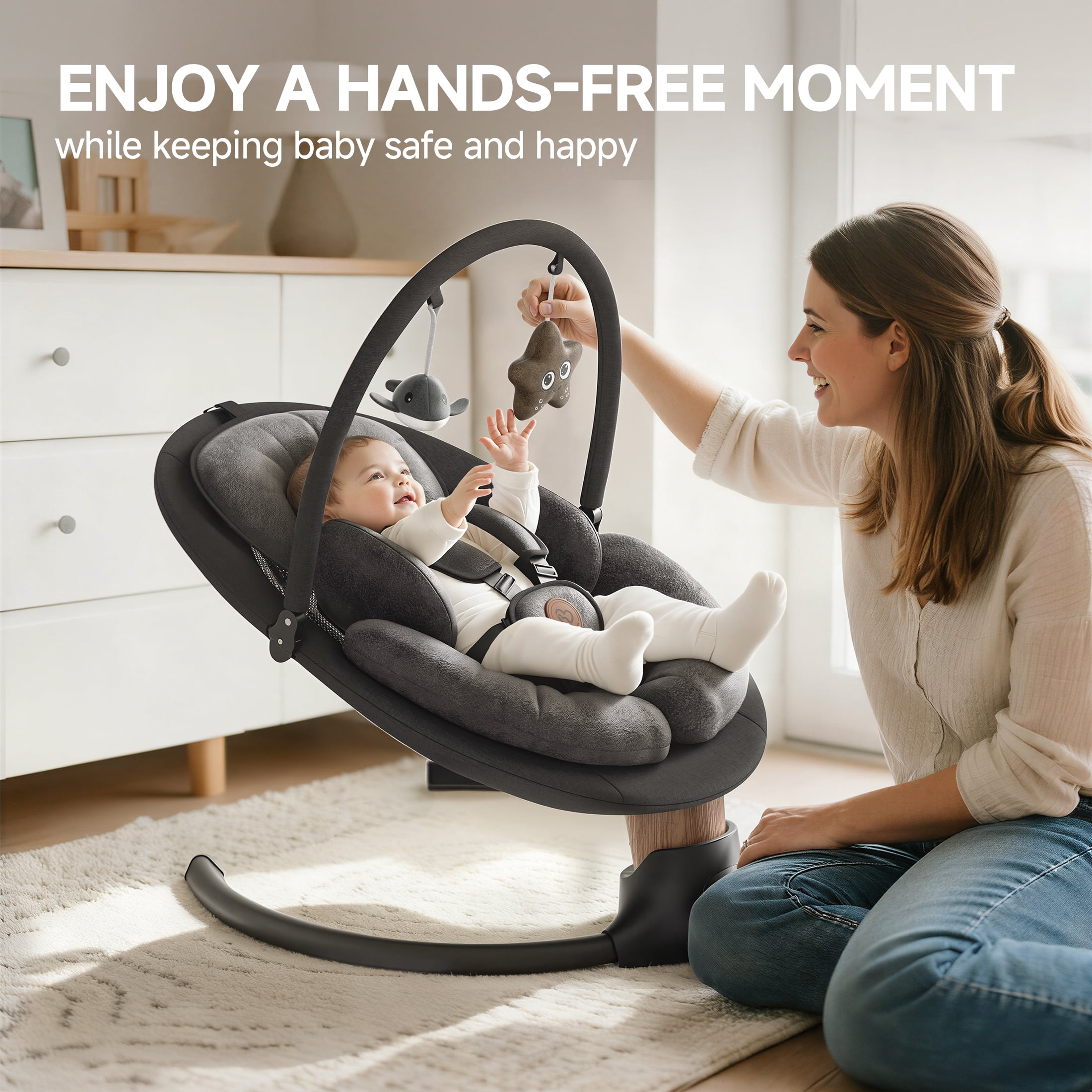 Babyomi Portable Baby Swings for Infants to Toddler, Electric Swing with Music Speaker, 3 Seat Positions , 5 Speeds, and Remote Control - Infant Swing for Indoor and Outdoor, Black