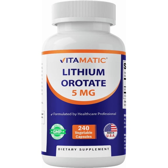 Vitamatic Lithium Orotate 5mg, 240 Veggie Capsules, Non-GMO, Gluten Free.