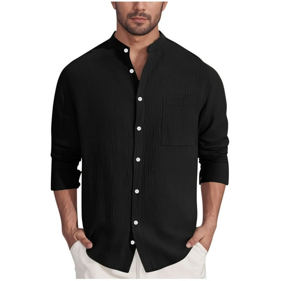 Xzbqbs Men's Casual Long Sleeve Shirts Solid Button Crew Neck Pullover Tops Lightweight Fashion Classic Fit Shirts with Pocket