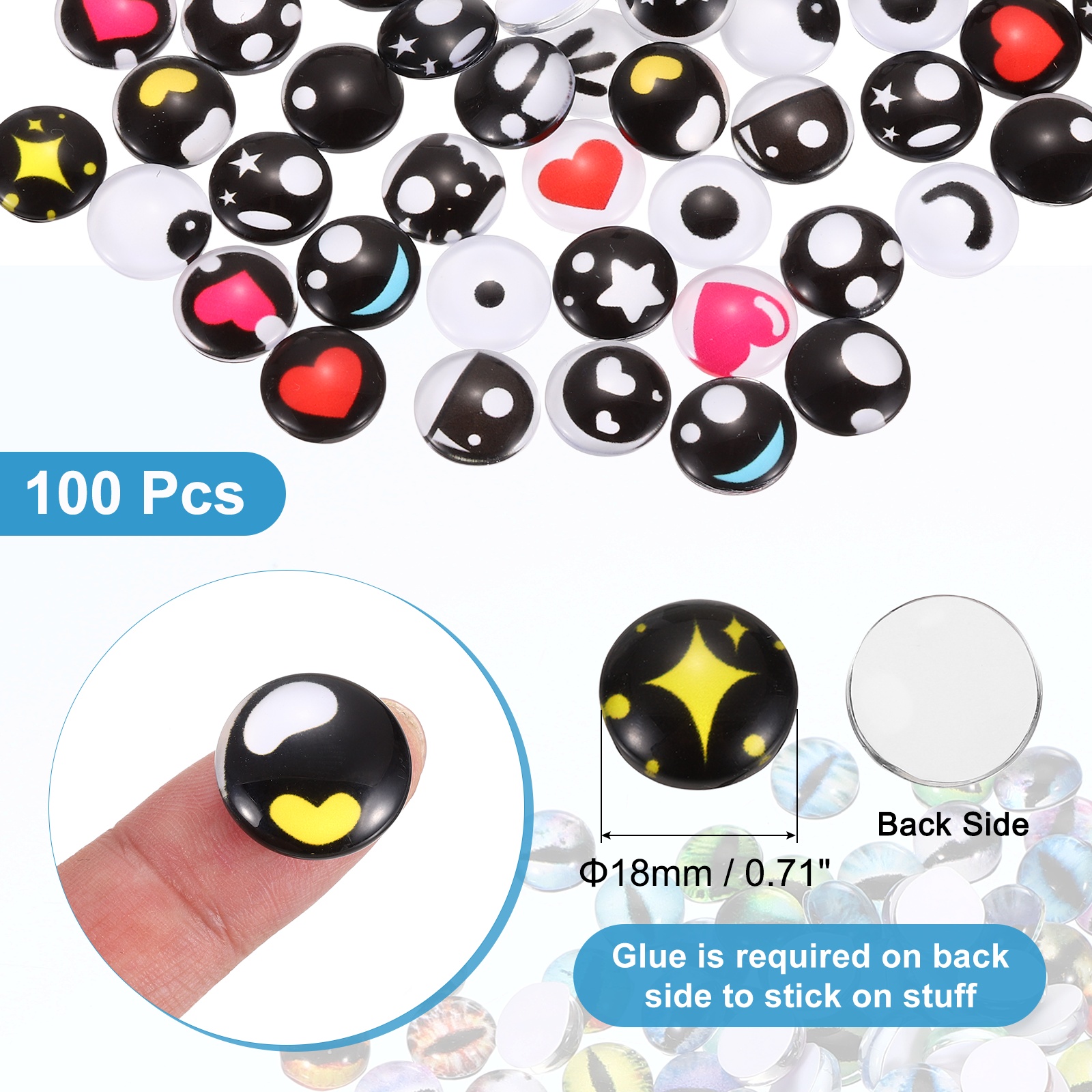 Uxcell 100 Pcs Glass Safety Eyes, 18mm Cabochon Crochet Safety Kawaii Doll Craft Eye for Clay Crochet Animals Handicrafts DIY Jewelry Projects, Blue/Black/White/Yellow/Red (217#)