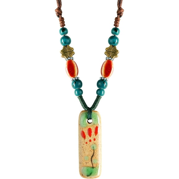 Bohemian Colorful Ceramic Bead Nature Floral Charm Pendant Necklace, Vintage Boho Jewelry Gift for Women