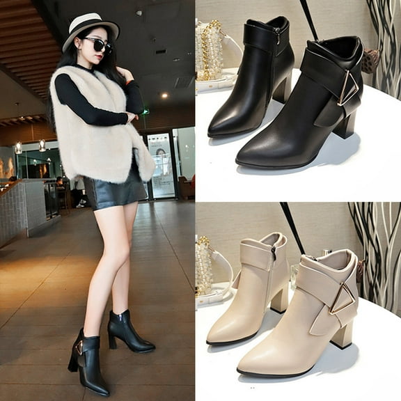 Ankle Boots for Women Fashionable Casual Daily Chunky Heel Point Toe Solid Color Versatile Style Mid Heel Ankle Boots with Belt Buckle