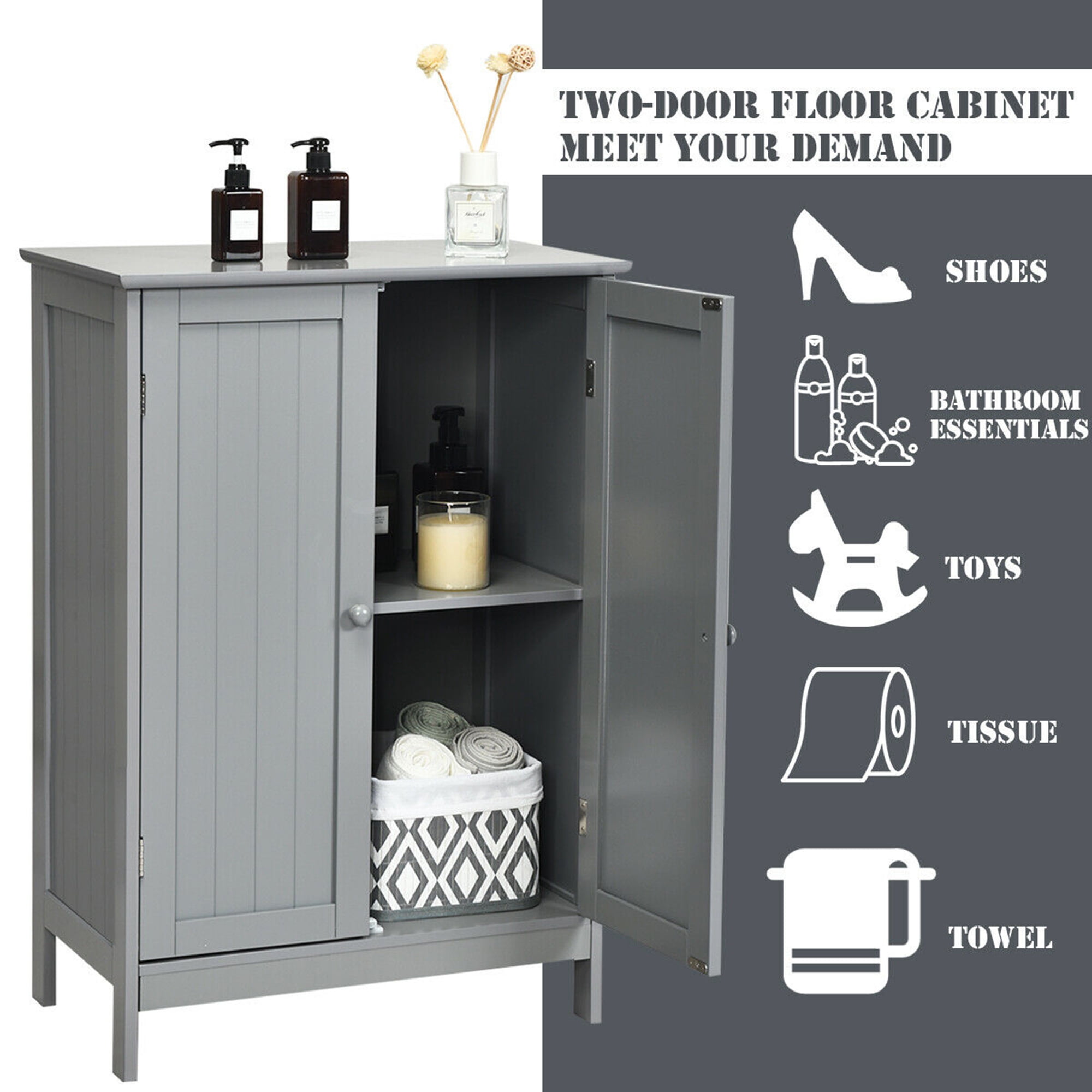 Gymax Bathroom Wooden Floor Storage Cabinet Living Room Modern Grey