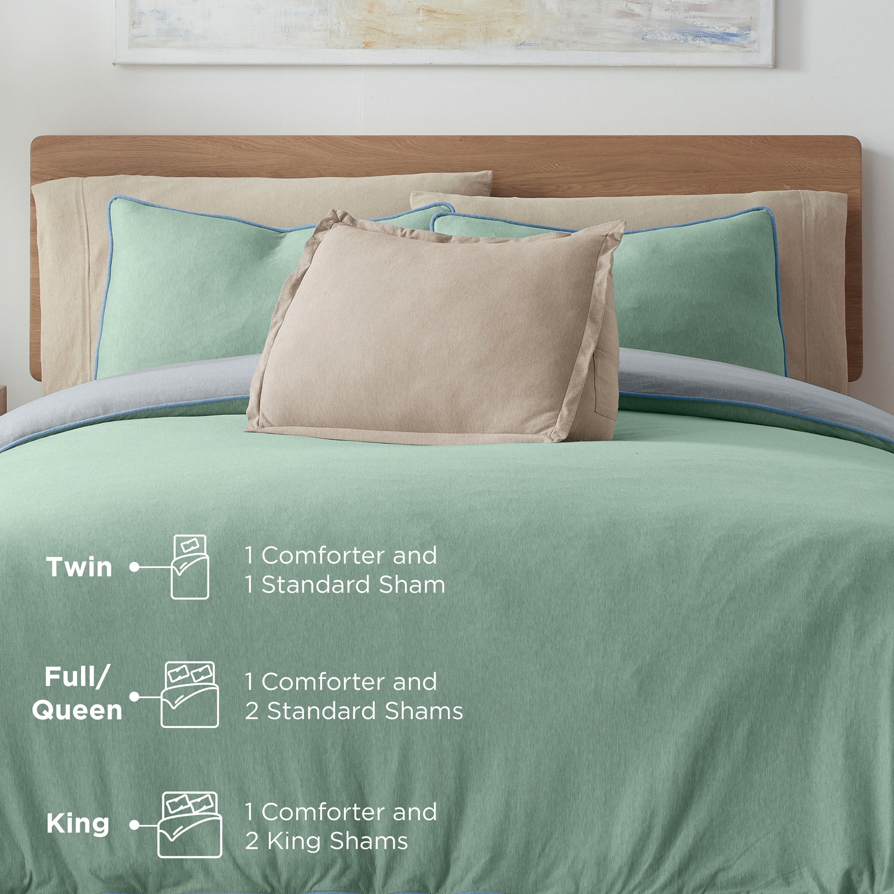 Vellux Jersey Knit 3-Piece Comforter Set, Cotton Blend, Queen, Sage/Gray
