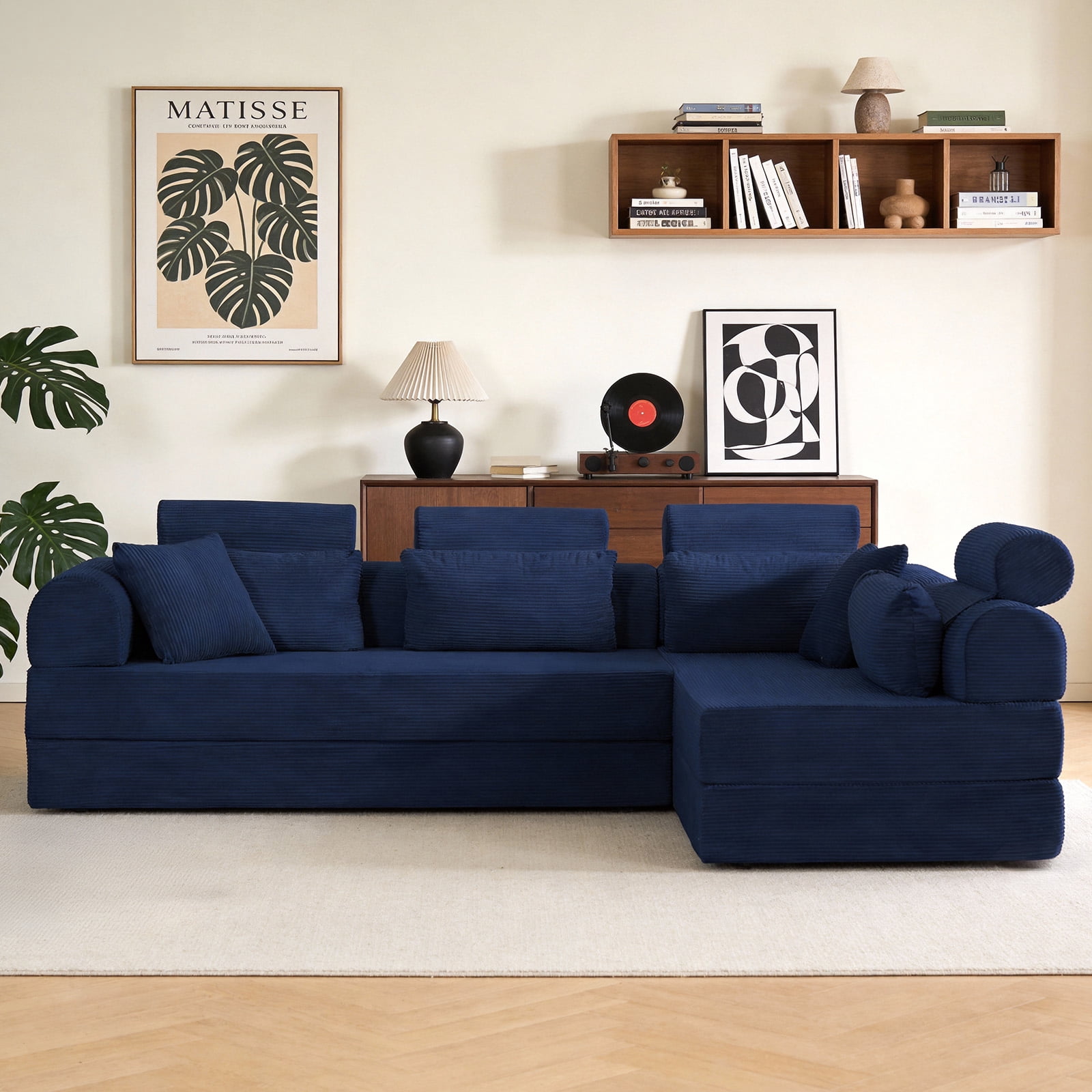 L-Shaped Sectional Sofa Converts to Bed, Corduroy Chaise Lounge with 28D High-Density Foam, No Assembly Compressed Couch for Apartments and Studios, Blue