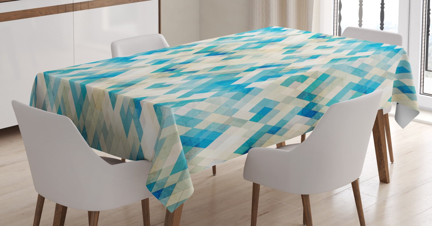 Geometric Tablecloth, Blue Themed Hexagonal Shaped Abstract Modern