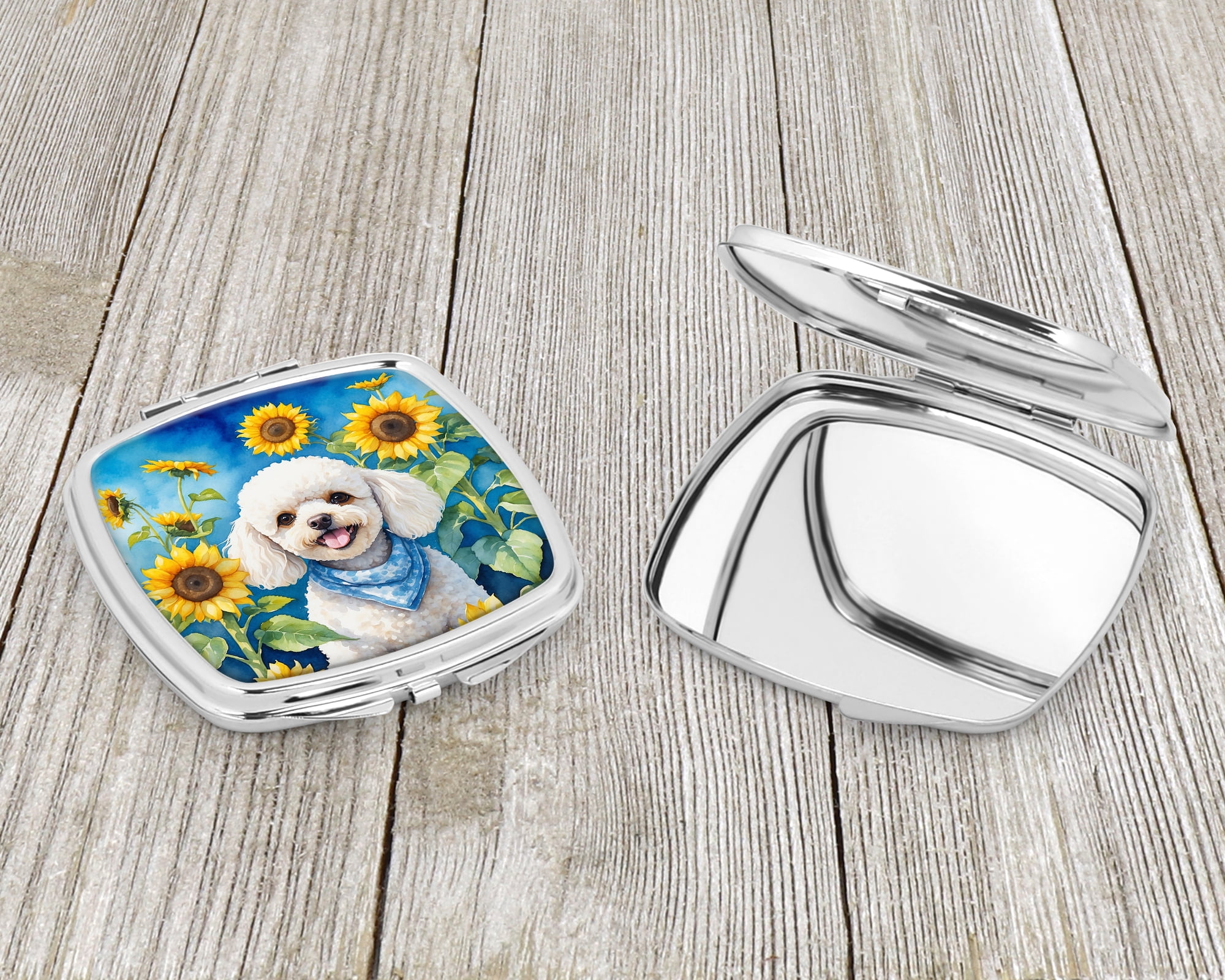 White Poodle in Sunflowers Compact Mirror 2.75 in x 3 in